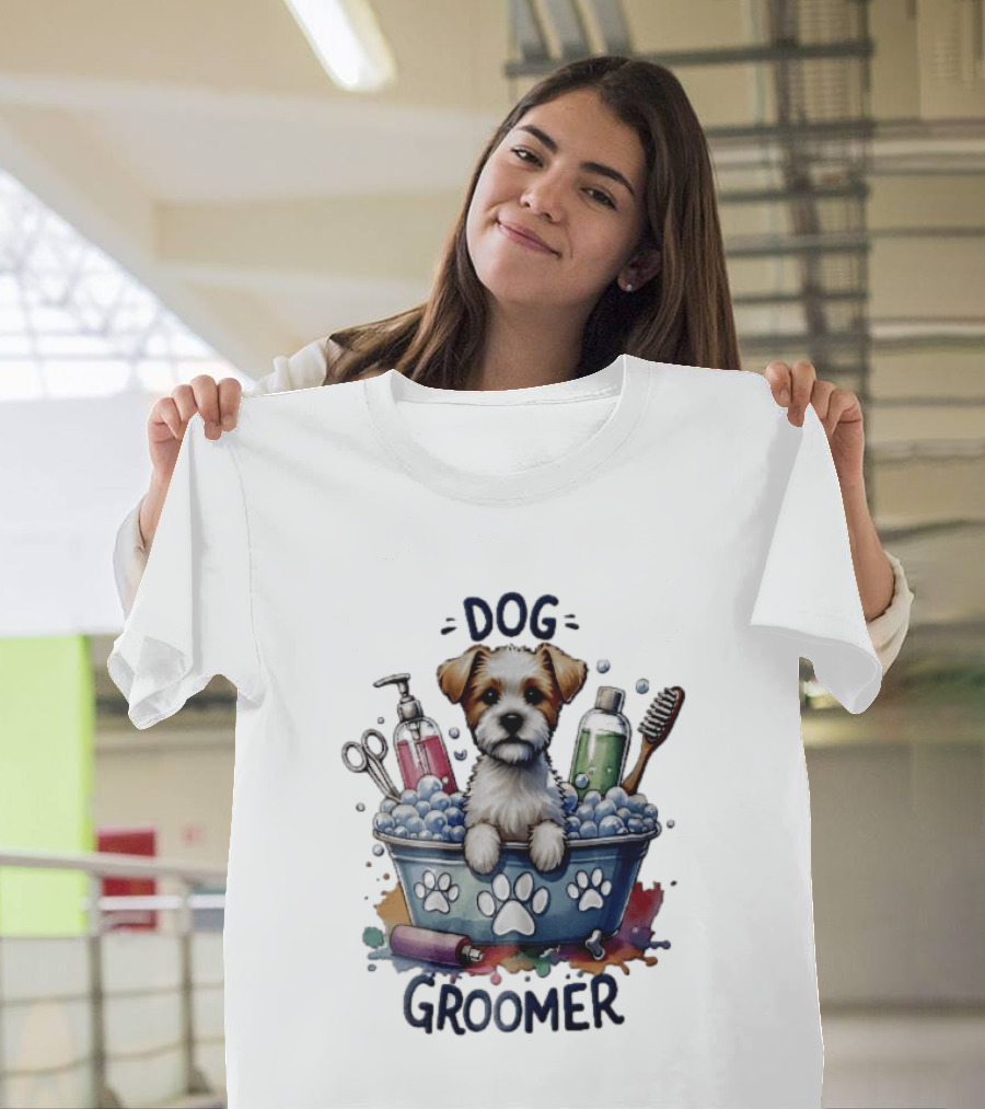 Dog Groomer Puppy Bath Tub Soap Scissors Brush Watercolor T-Shirt