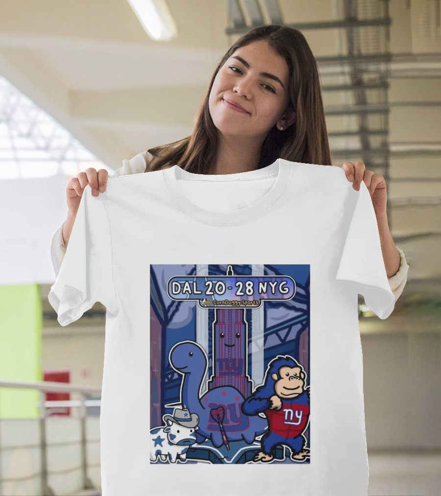 CornDoggy Sports DAL 20 28 NYG Dallas Cowboys New York Giants Cartoon Characters T-Shirt