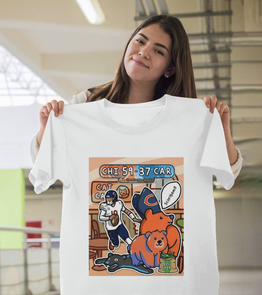 CHI 59 37 CAR CornDoggy Sports Chicago Bears Vs Carolina Panthers Scorigami Cat Café $150 Grand T-Shirt