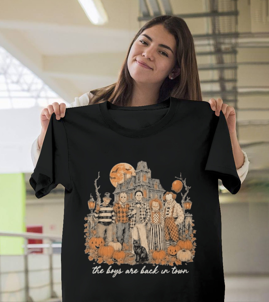 Halloween Horror Characters The Boys Are Back In Town Haunted House Pumpkin Patch T-Shirt