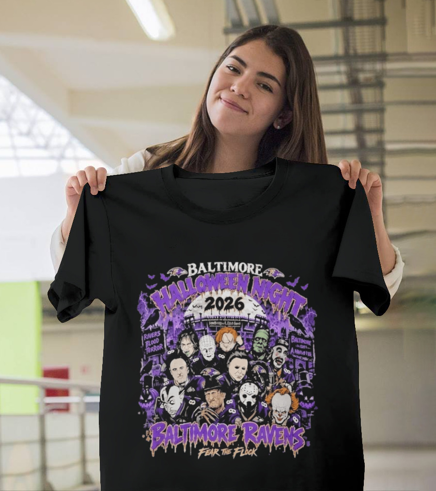 Baltimore Ravens 2026 Halloween Night Horror Characters Fear The Flock T-Shirt