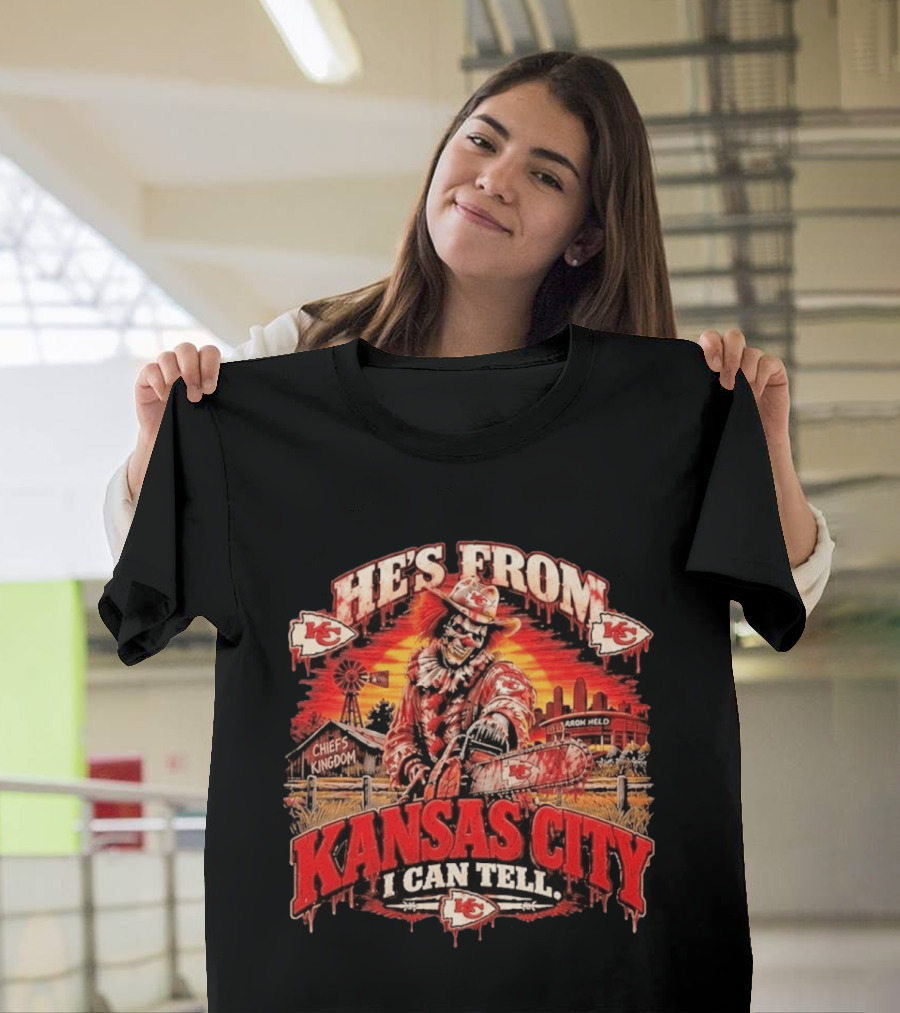 Kansas City Chiefs He's From Kansas City I Can Tell Horror Kingdom NFL Chiefs Logo Scary Chainsaw T-Shirt