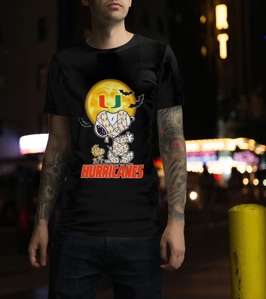 Miami Hurricanes Snoopy Woodstock Mummy Halloween Moon Bats T-Shirt