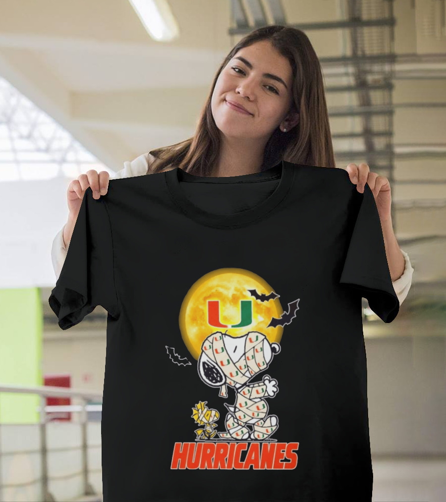 Miami Hurricanes Snoopy Woodstock Mummy Halloween Moon Bats T-Shirt