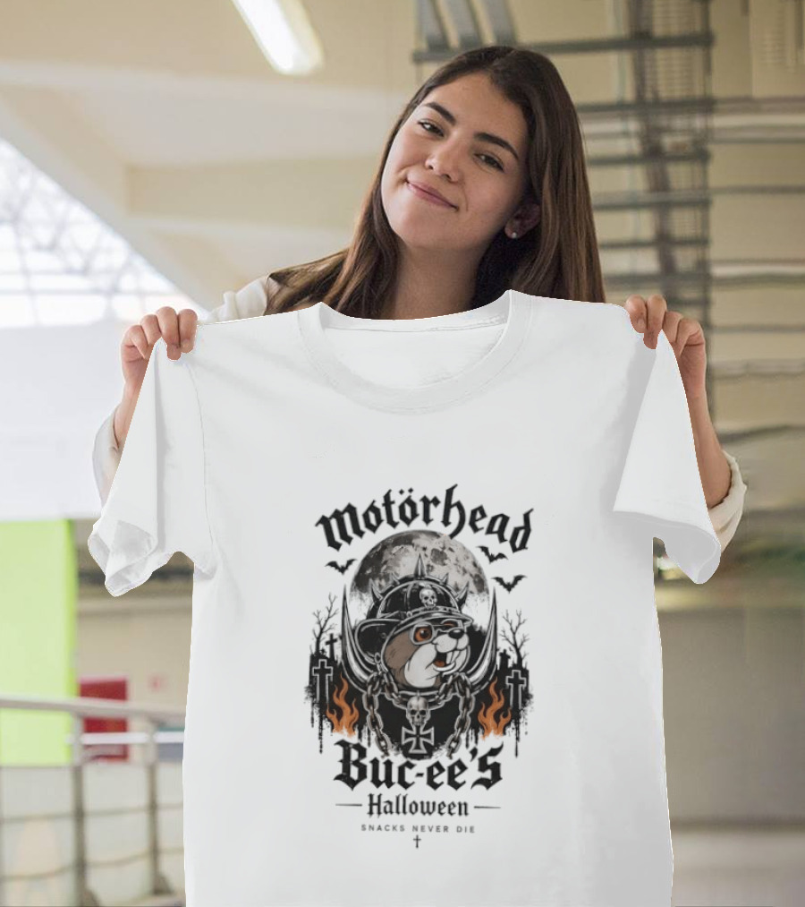 Motorhead Buc Ee's Halloween Snacks Never Die Ghostly Flames Moon Bats T-Shirt