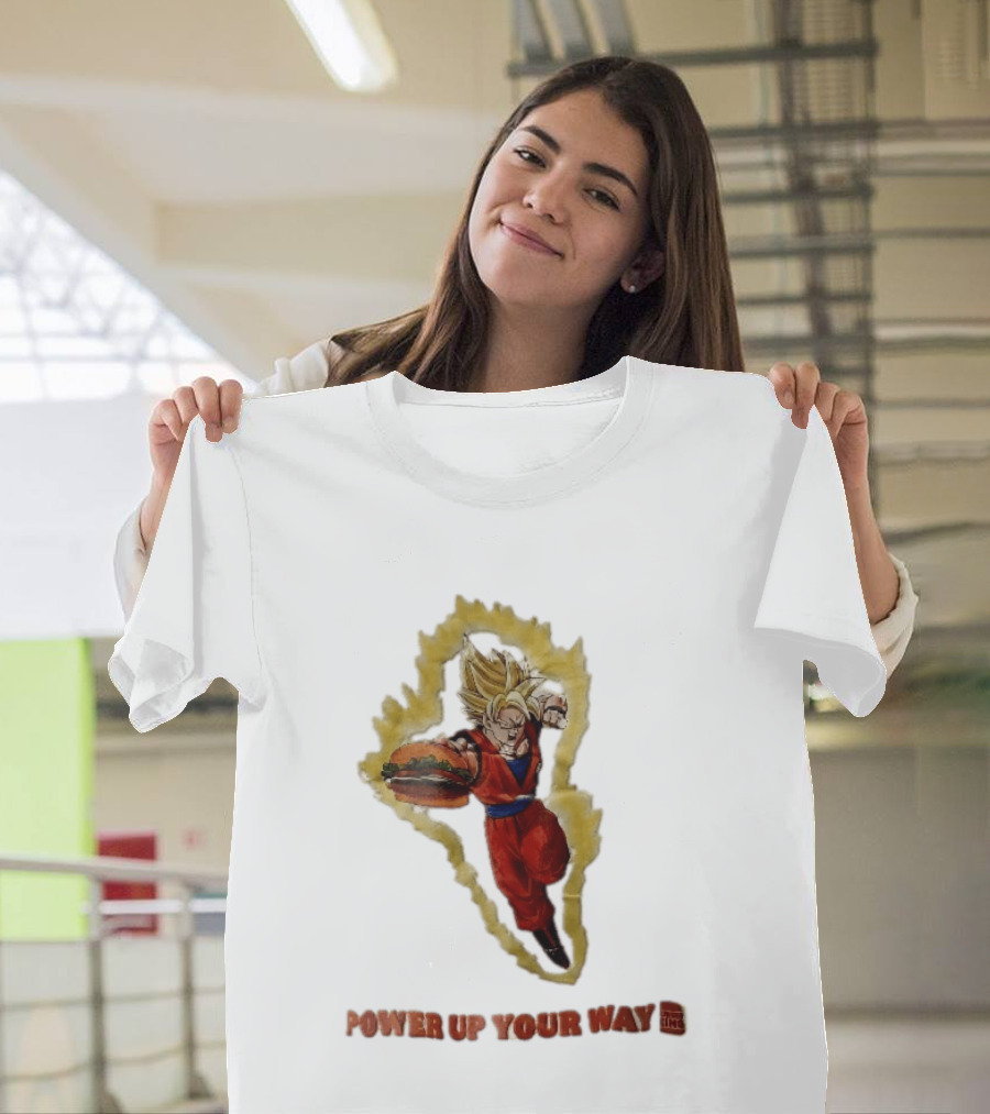 Burger King Power Up Your Way Super Saiyan Goku Holding Cheeseburger Aura T-Shirt