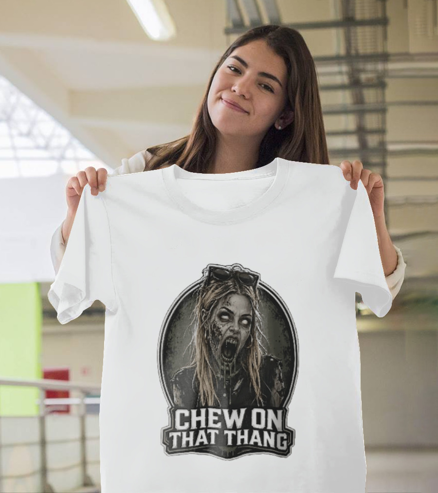 Chew On That Thang Zombie Blonde Woman Open Mouth Green Slime Sunglasses T-Shirt