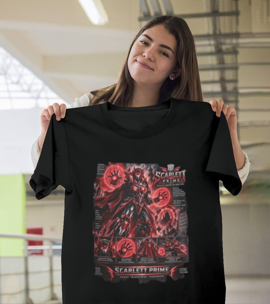 Scarlett Prime Reality Bends Red Mecha Chaos Transforms Tomorrow Jet Hex Magic T-Shirt