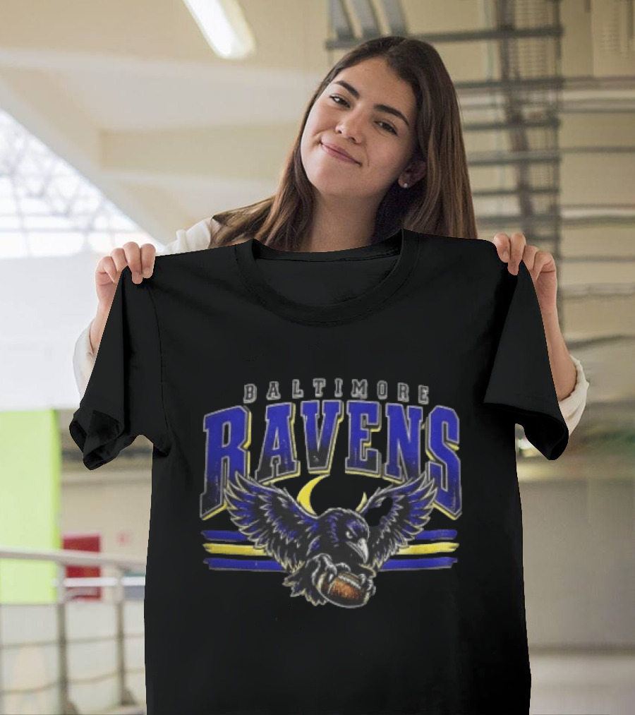 Baltimore Ravens Distressed Flying Bird Holding Football With Stripes T-Shirt