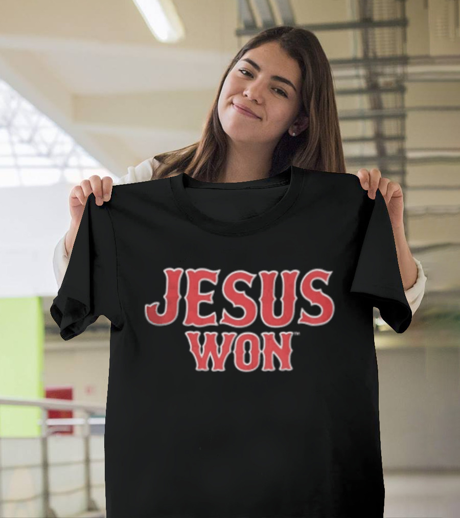 Boston Red Sox MLB Jesus Won Block Lettering Navy White T-Shirt