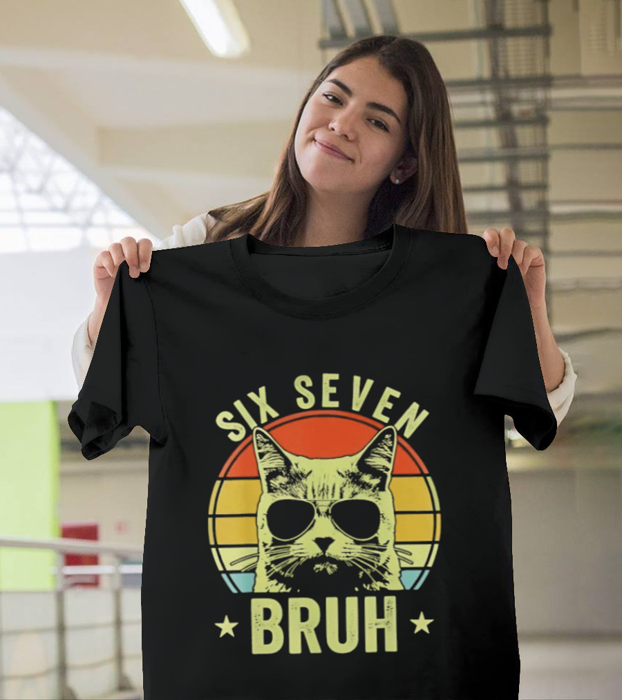Six Seven Bruh Retro Cat Sunset T-Shirt