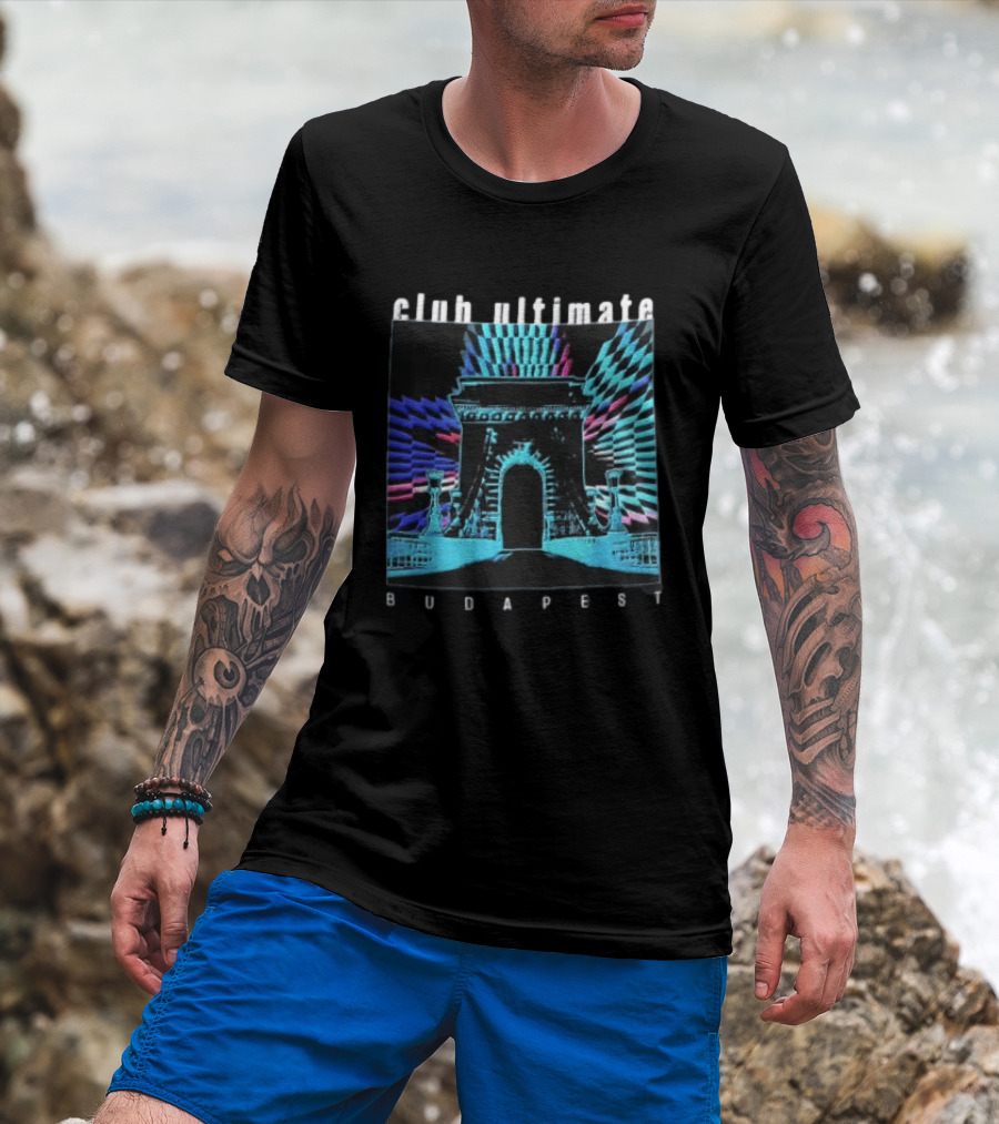 Club Ultimate Budapest Szechenyi Chain Bridge Neon Checkerboard Arch T-Shirt