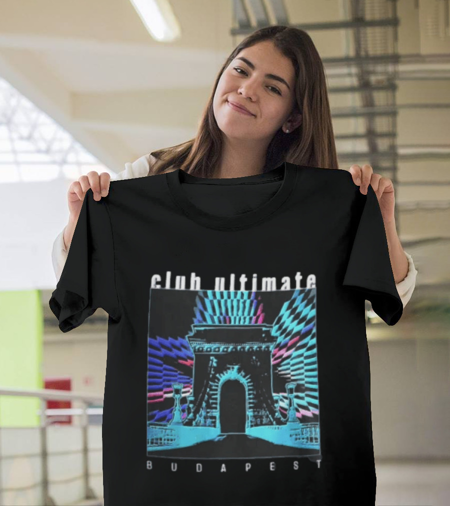 Club Ultimate Budapest Szechenyi Chain Bridge Neon Checkerboard Arch T-Shirt