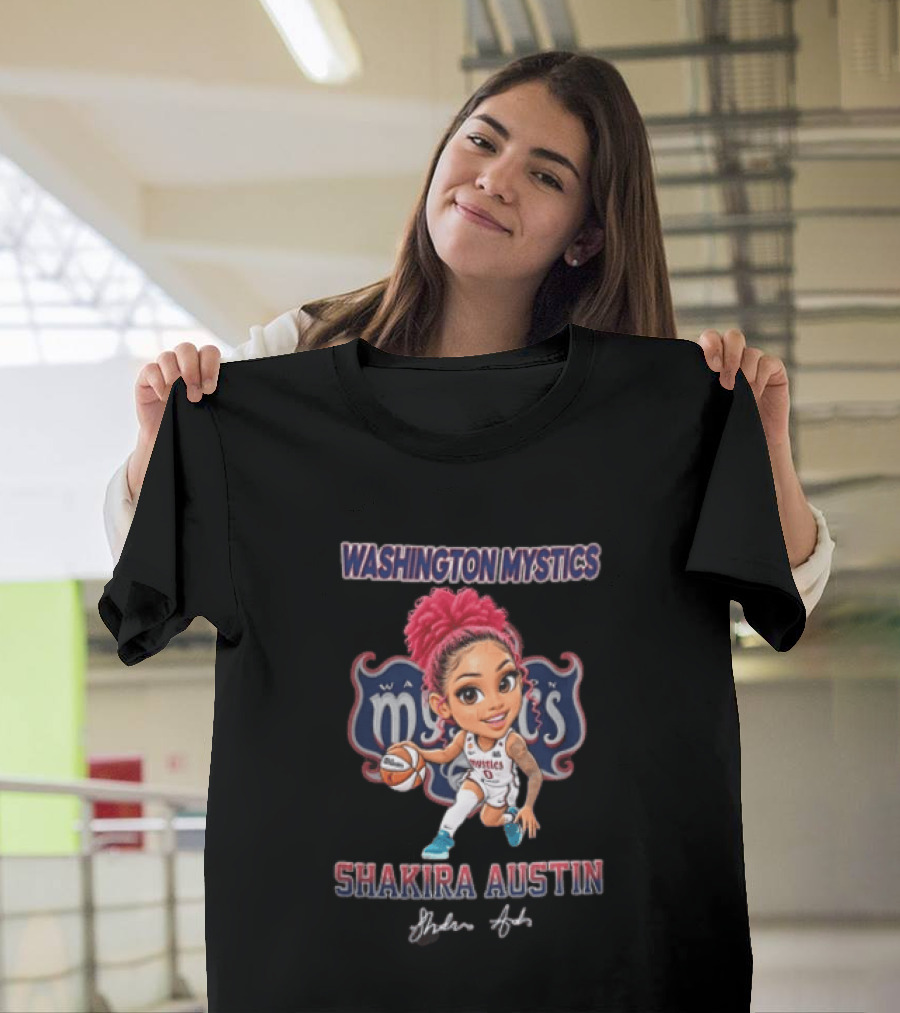 Shakira Austin Washington Mystics Pink Hair Cartoon Caricature Dribbling Basketball T-Shirt