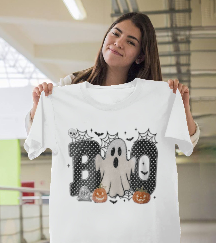 Boo Distressed Ghost Jack O Lanterns Polka Dots Cobwebs T-Shirt