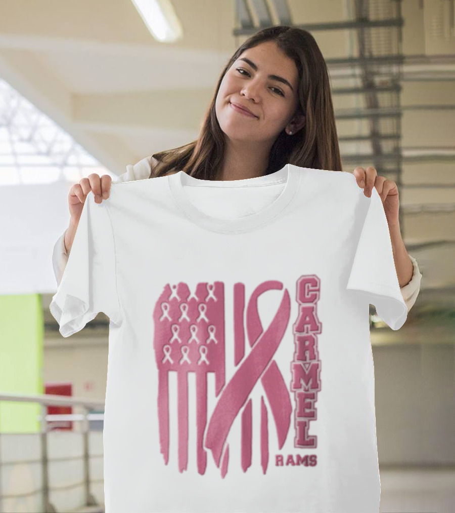 Carmel Rams Pink Ribbon American Flag Breast Cancer Awareness T-Shirt