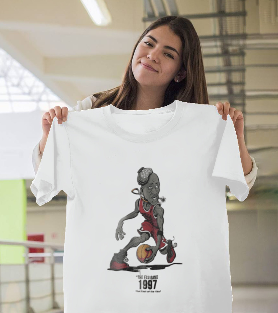 Chicago Bulls The Flu Game 1997 Illest Of Sick Jordan Caricature Dribbling Basketball T-Shirt