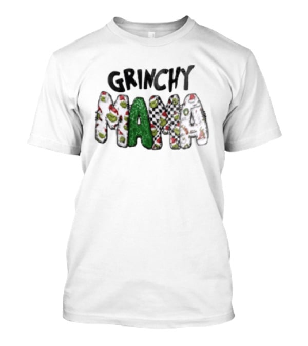 Grinchy Mama Holiday Checkerboard And Santa Hat T-Shirt