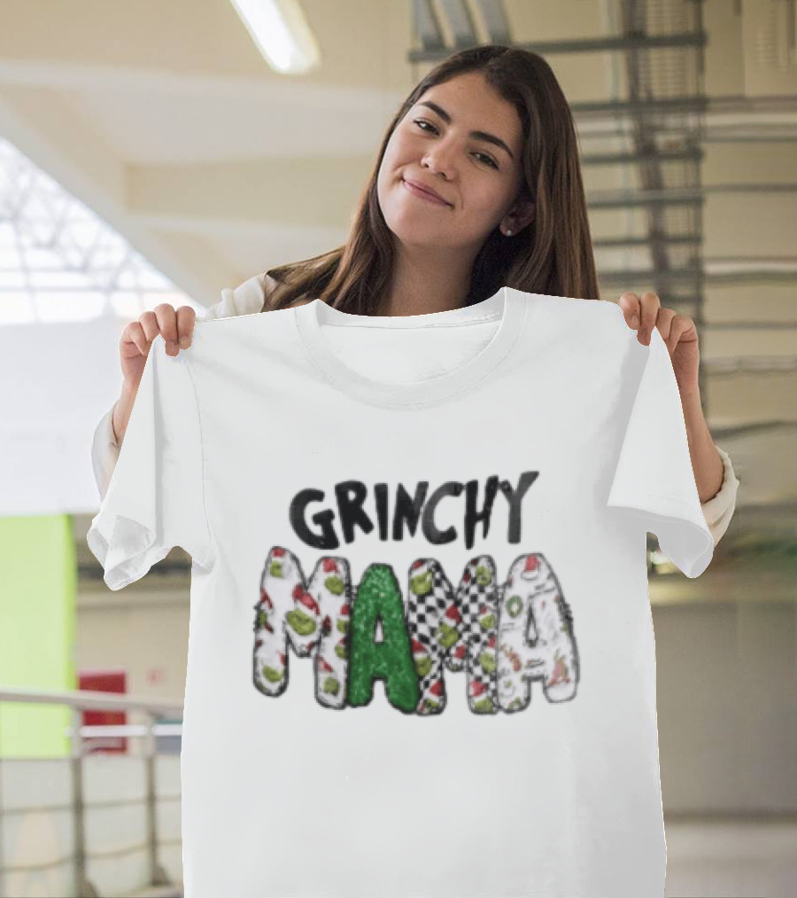Grinchy Mama Holiday Checkerboard And Santa Hat T-Shirt