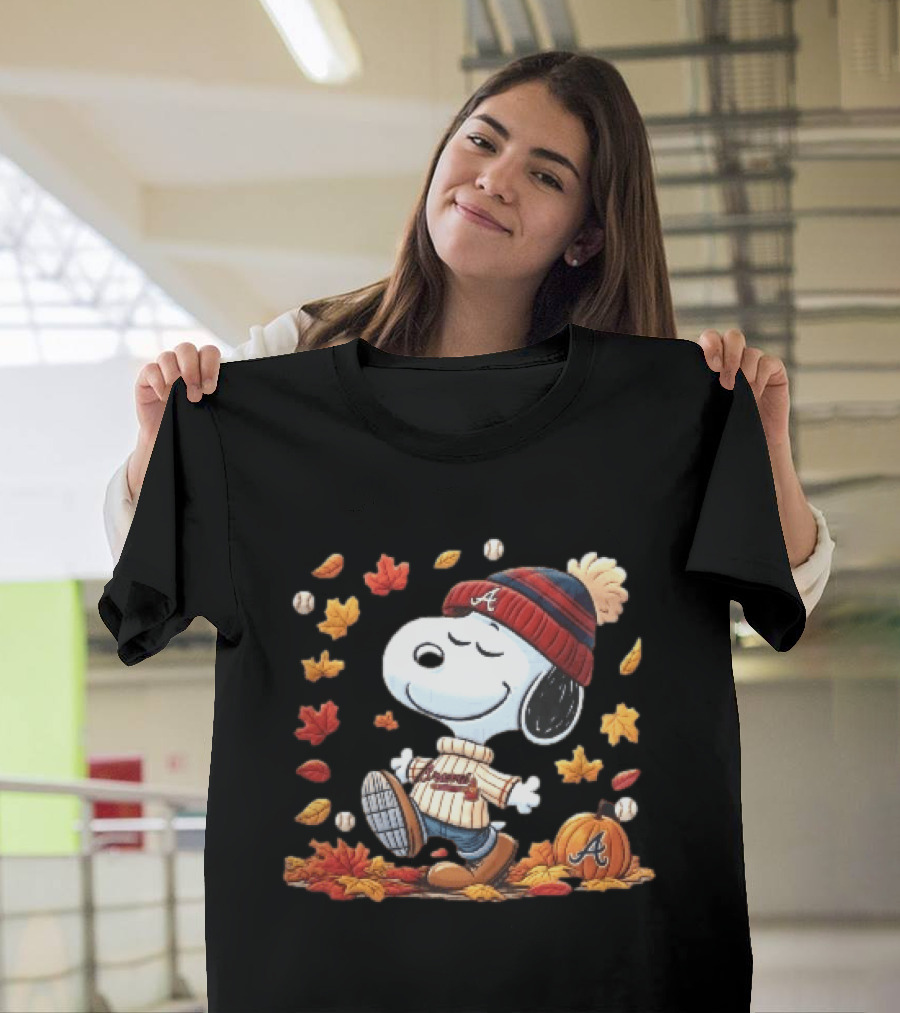 Atlanta Braves Snoopy Walking In Autumn Leaves With Pumpkin Baseballs Cartoon T-Shirt
