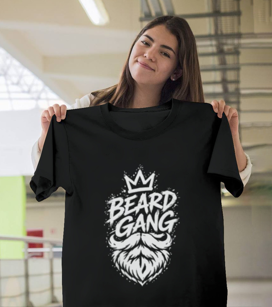 Beard Gang Crown Handlebar Mustache Paint Splatter Bushy Facial Hair T-Shirt