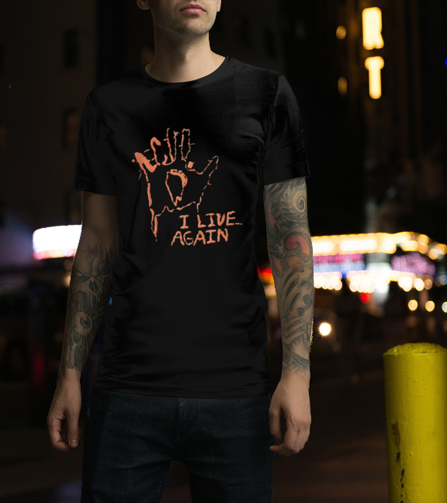 I Live Again Red Spiky Handprint Burning Hole In Palm Distressed Halloween T-Shirt