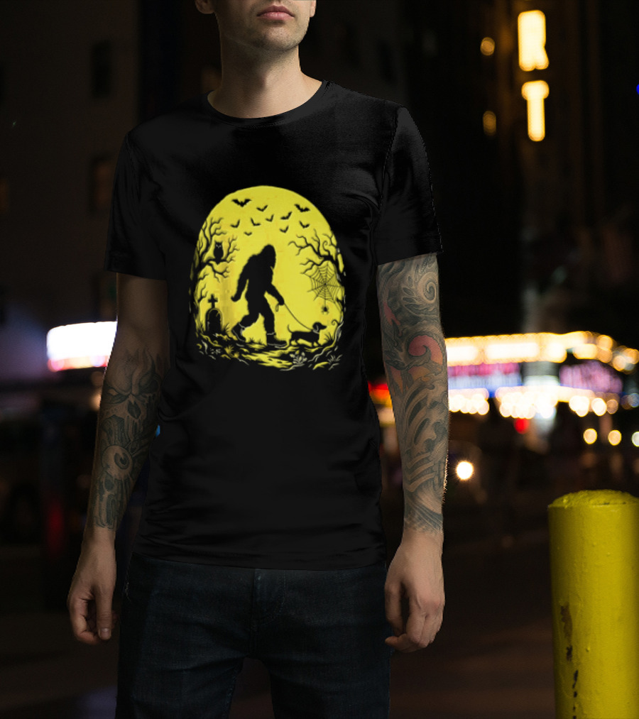 Bigfoot Walking Dachshund Under Full Moon Halloween Night T-Shirt