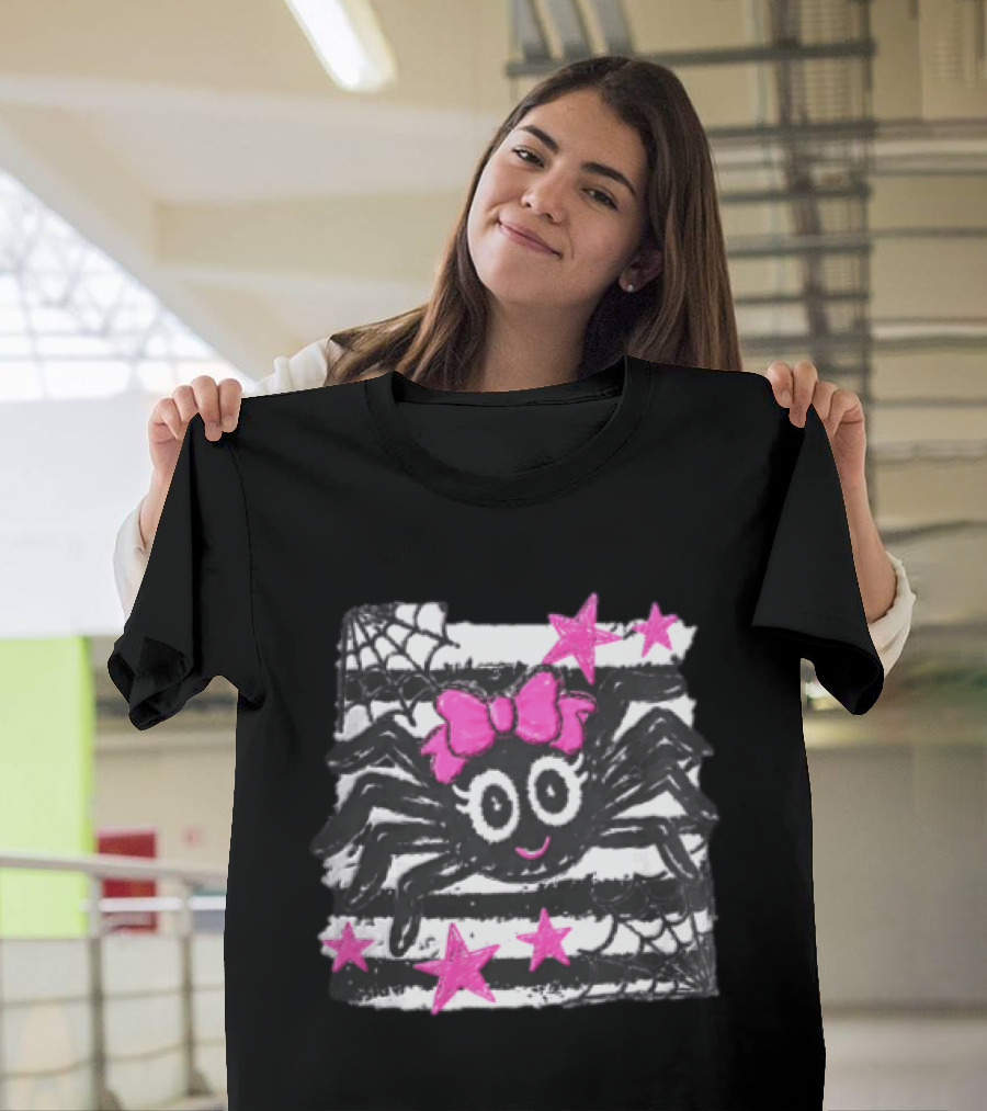 Cartoon Black Spider Big Eyes Pink Bow Stripes Webs Stars T-Shirt