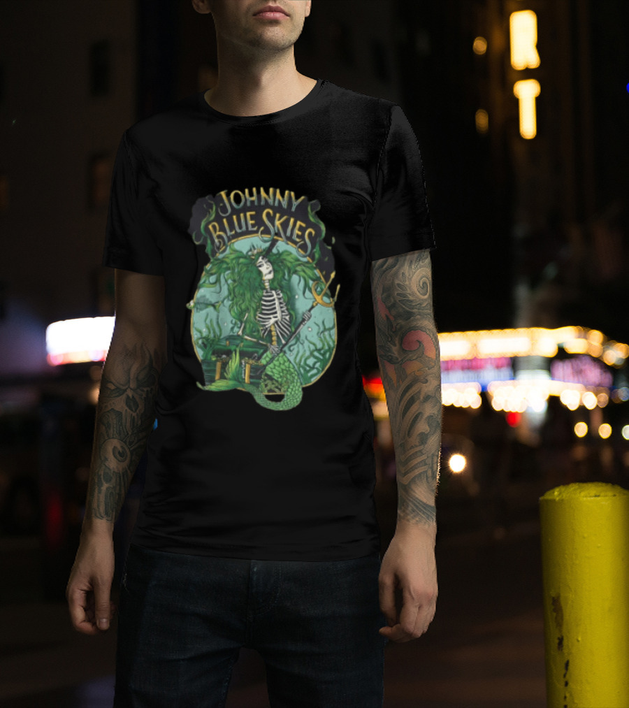 Johnny Blue Skies Skeleton Mermaid Adventure With Trident And Treasure T-Shirt
