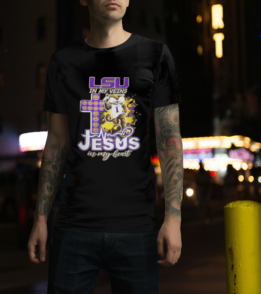 LSU In My Veins Jesus In My Heart Tiger Purple Cross EKG T-Shirt