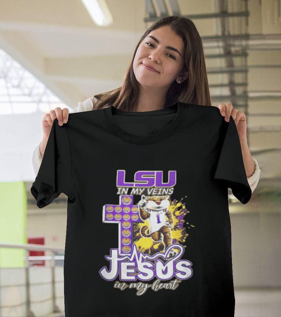 LSU In My Veins Jesus In My Heart Tiger Purple Cross EKG T-Shirt