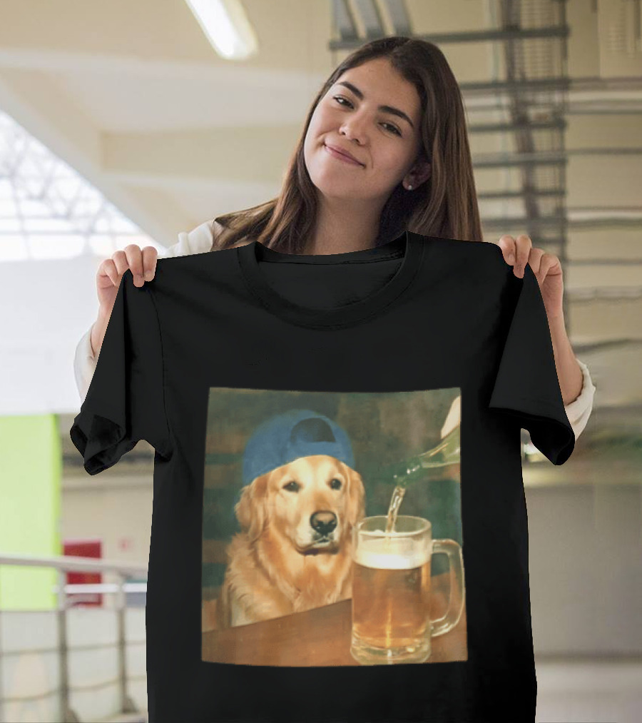 Golden Retriever Backward Cap Beer Pouring Scene T-Shirt