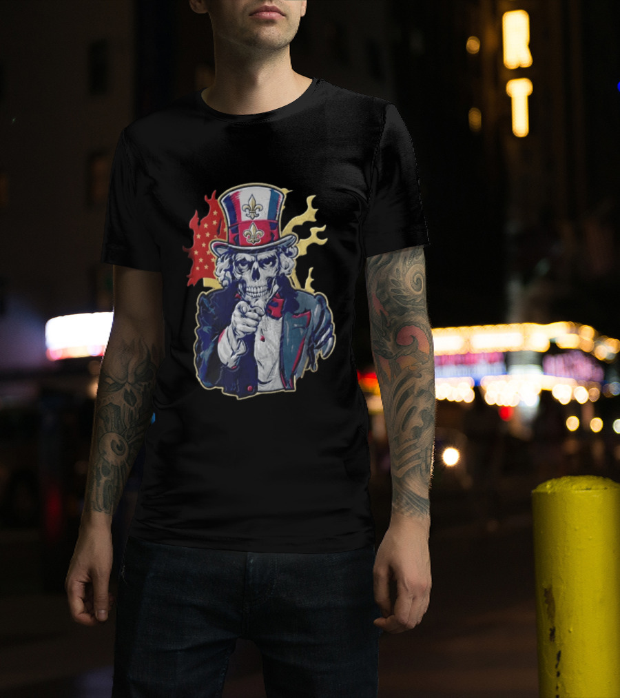 New Orleans Pelicans Skeleton Uncle Sam Pointing American Flag Fleur De Lis T-Shirt