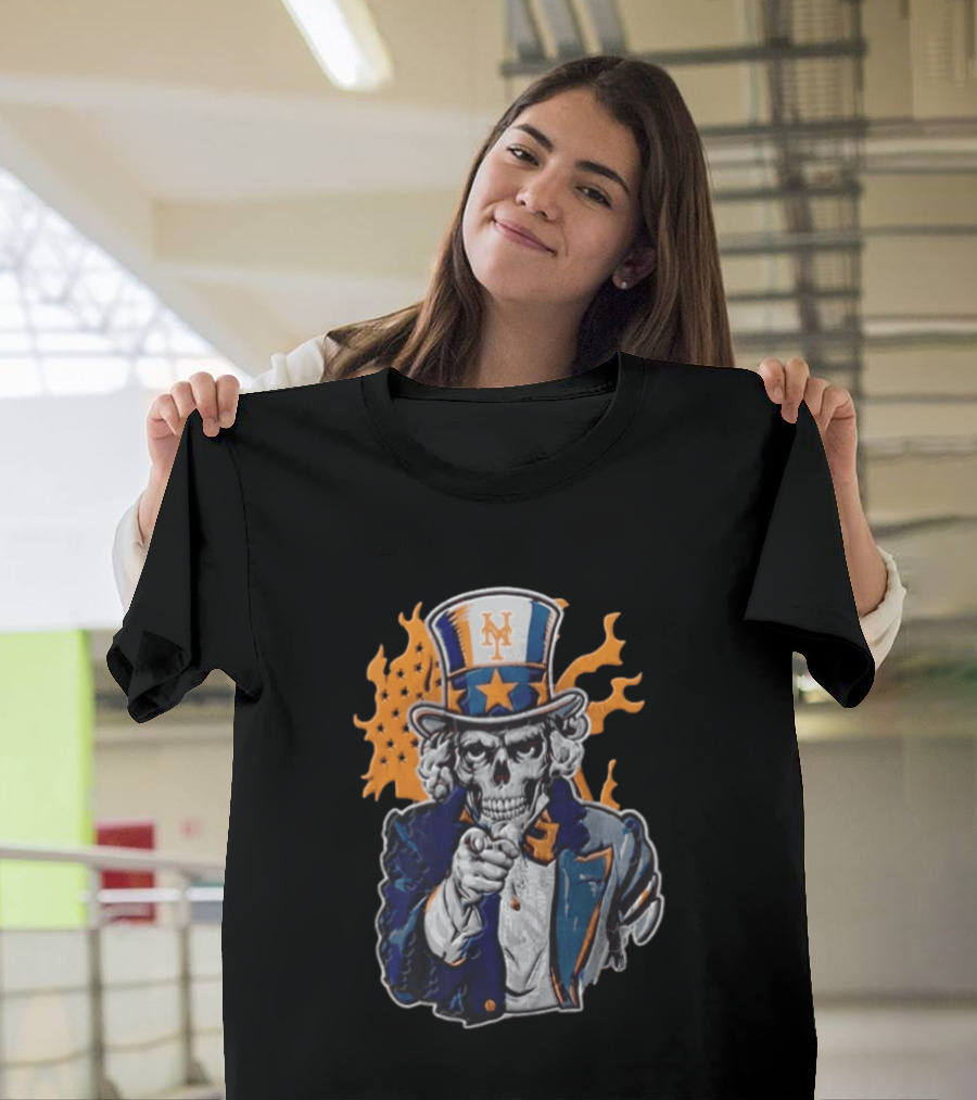 New York Mets Uncle Sam Skeleton Top Hat Stars Flames T-Shirt