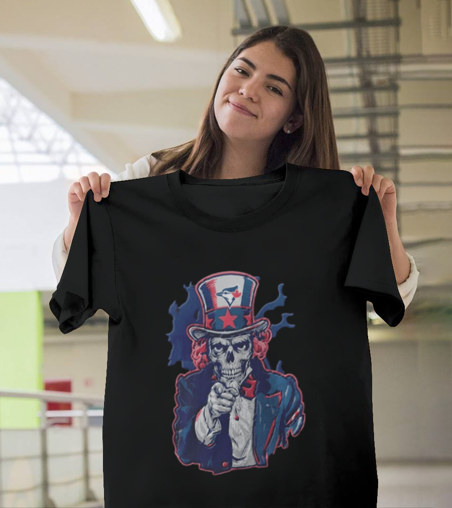Toronto Blue Jays Skeleton Uncle Sam Pointing American Flag Bird Head Maple Leaf T-Shirt