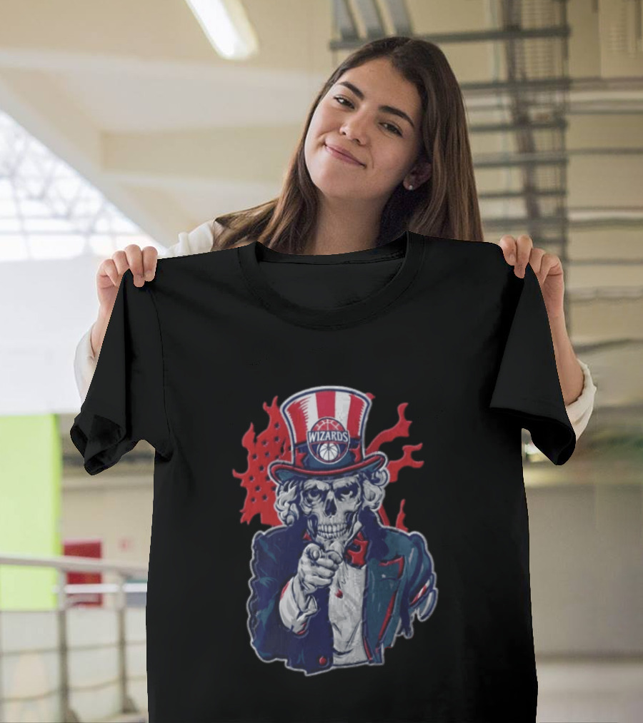 Washington Wizards Skeleton Uncle Sam Pointing Flames American Flag T-Shirt