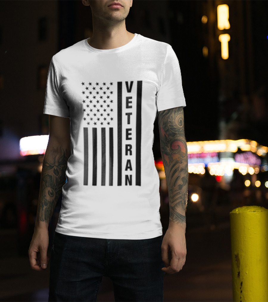 Veteran Vertical Monochrome US Flag Black Stars Stripes T-Shirt