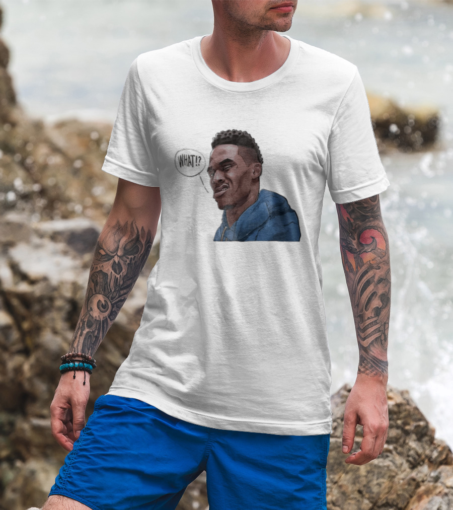Russell Westbrook Cartoon Caricature Confused Face What Speech Bubble Blue T-Shirt