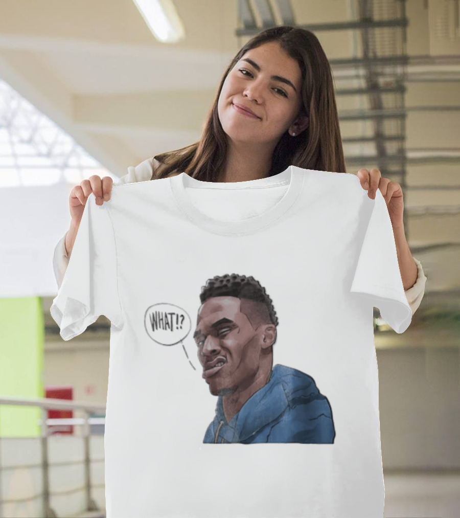 Russell Westbrook Cartoon Caricature Confused Face What Speech Bubble Blue T-Shirt