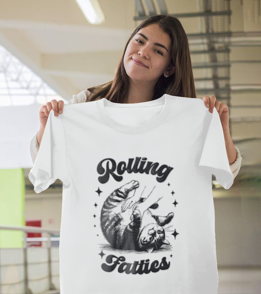 Rolling Fatties Chubby Tabby Cat Belly Rub Stars Line T-Shirt