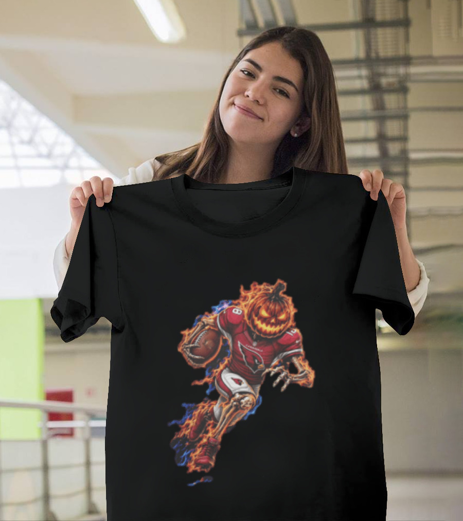 Arizona Cardinals Flaming Pumpkin Head Skeleton Football Player Halloween T-Shirt