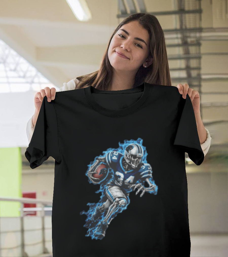 Carolina Panthers Skeleton Running Back 34 Blue Flames Football T-Shirt