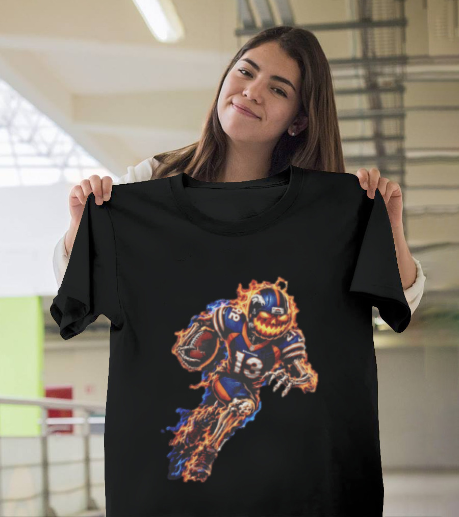 Denver Broncos Fiery Pumpkin Head Skeleton Football Player T-Shirt