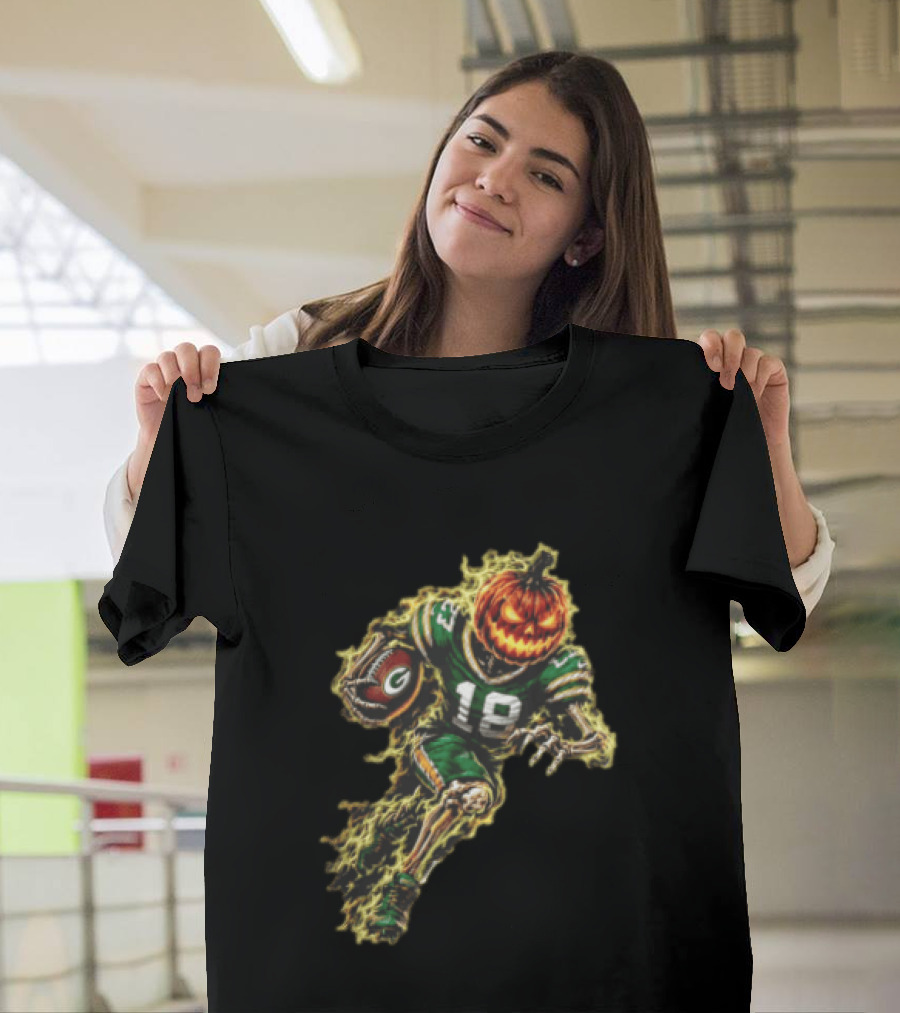 Green Bay Packers Halloween Pumpkin Head Skeleton Football Player Running T-Shirt