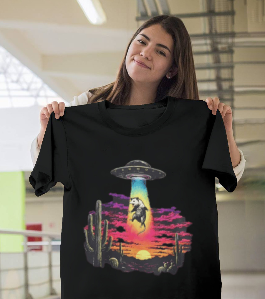 UFO Opossum Abduction In Desert Sunset Scene With Cacti And Colorful Sky T-Shirt