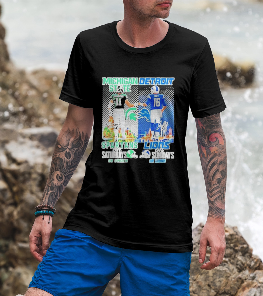 Michigan State Spartans Saturdays Go Green Detroit Lions Sundays Go Lions T-Shirt