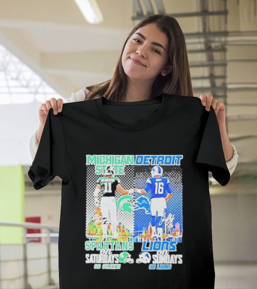 Michigan State Spartans Saturdays Go Green Detroit Lions Sundays Go Lions T-Shirt