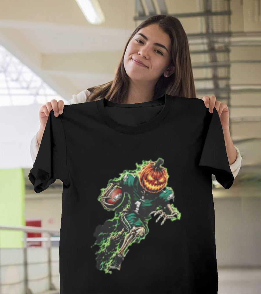 Philadelphia Eagles Pumpkin Head Skeleton Player Green Flames Football T-Shirt