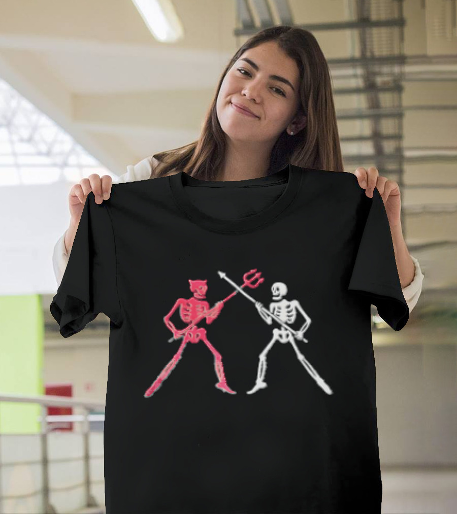Red Horned Devil And White Skeleton Dueling With Spear And Trident Line T-Shirt