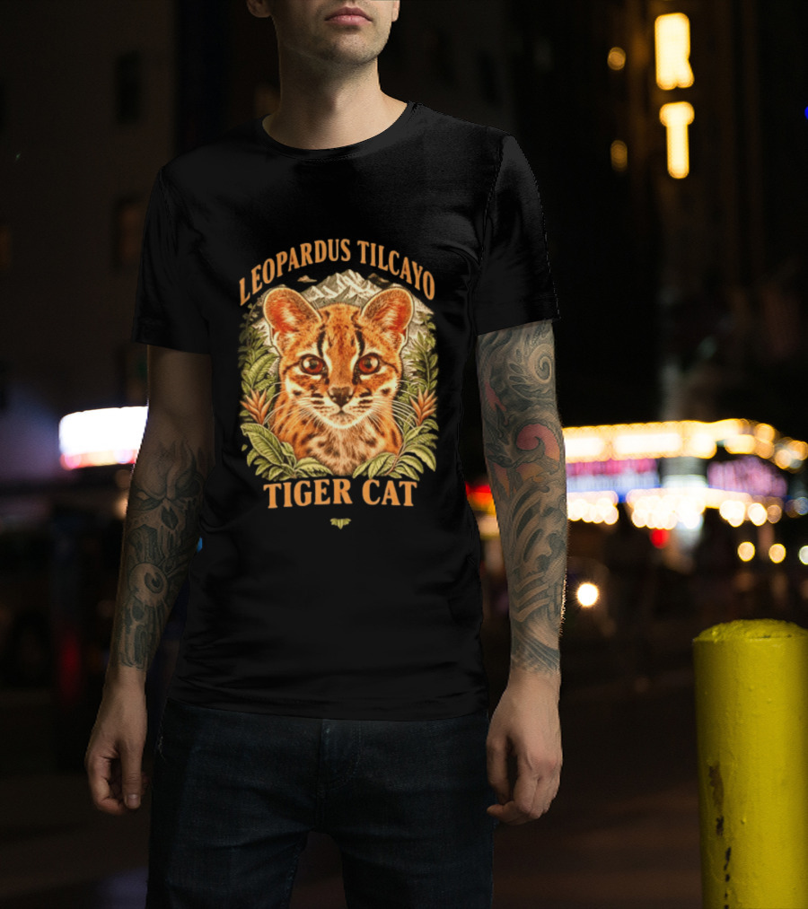 Leopardus Tilcayo Tiger Cat Wildlife Art With Foliage And Mountain T-Shirt